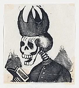 A skeleton wearing a bishop's mitre reading a book (vignette for the feast of the dead) by José Guadalupe Posada