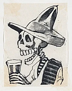 A skeleton wearing a hat having a drink (vignette for the feast of the dead) by José Guadalupe Posada