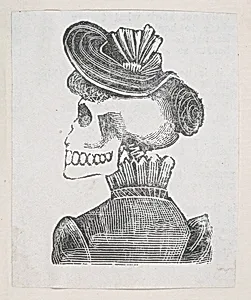 A skeleton with her back turned wearing a coat and hat, from a broaside entitled 'La Calavera de Cupido', published by Antonio Vanegas Arroyo. by José Guadalupe Posada
