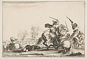 A skirmish, two horsemen battling with swords to the right, men carrying a flag running away towards the right, a dead man on the ground and a horseman seen from behind to the left, from "Varie figure" by Stefano della Bella|François Langlois