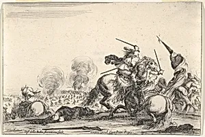 A skirmish, two horsemen battling with swords to the right, men carrying a flag running away towards the right, a dead man on the ground and a horseman seen from behind to the left, from 'Varie figure' by Stefano della Bella|François Langlois