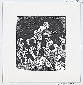 A small boy being fed to vultures, an illustration to 'The King and His Three Sons' by José Sanchez|José Guadalupe Posada