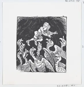 A small boy being fed to vultures, an illustration to 'The King and His Three Sons'