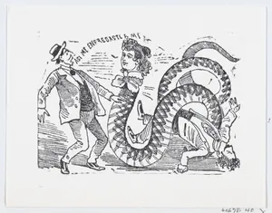 A snake with a woman's head slithering towards a scared man, an illustration from 'The Ballad of the Snake Woman' (reprinted 1930)