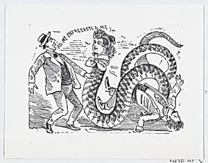 A snake with a woman's head slithering towards a scared man, an illustration from 'The Ballad of the Snake Woman' (reprinted 1930) by José Sanchez|José Guadalupe Posada