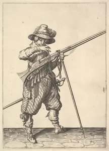 A soldier blowing on a match, from the Musketeers series, plate 40, in Wapenhandelinghe van Roers Musquetten Ende Spiessen (The Exercise of Arms)