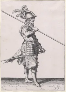 A soldier carrying his pike at the slope, from the Lansquenets series, plate 11, in Waffenhandlung von den Rören Musquetten undt Spiessen / Wapenhandelinghe van Roers Musquetten ende Spiessen (The Exercise of Arms)