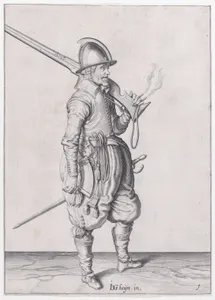 A soldier holding his caliver, from the Marksmen series, plate 1, in Waffenhandlung von den Rören Musquetten undt Spiessen / Wapenhandelinghe van Roers Musquetten Ende Spiessen (The Exercise of Arms)