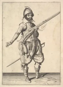 A soldier on guard freeing his right hand, from the Marksmen series, plate 37, in Wapenhandelinghe van Roers Musquetten Ende Spiessen (The Exercise of Arms)
