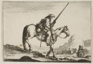 A soldier on horseback, holding a musket in his right hand, in profile descending a slope towards the right, other soldiers on horseback to right in the background, plate 12 from "Various Figures" (Agréable diversité de figures)