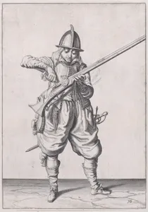 A soldier pouring powder into the pan, from the Marksmen series, plate 16, in Waffenhandlung von den Rören Musquetten undt Spiessen / Wapenhandelinghe van Roers Musquetten ende Spiessen (The Exercise of Arms)