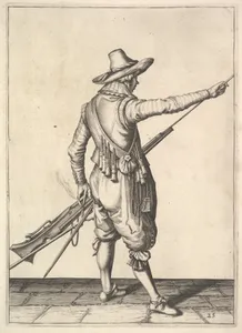A soldier pulling out the ramrod from its holder, from the Musketeers series, plate 25, in Wapenhandelinghe van Roers Musquetten Ende Spiessen (The Exercise of Arms)