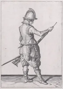 A soldier ramming home powder and bullet with the ramrod, from the Marksmen series, plate 26, in Waffenhandlung von den Rören Musquetten undt Spiessen / Wapenhandelinghe van Roers Musquetten ende Spiessen (The Exercise of Arms)