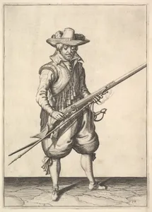 A soldier shaking the powder from the top of the pan, from the Musketeers series, plate 19, in Wapenhandelinghe van Roers Musquetten Ende Spiessen (The Exercise of Arms)