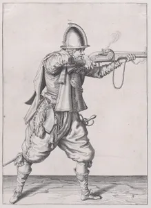 A soldier taking aim, from the Marksmen series, plate 11, in Waffenhandlung von den Rören Musquetten undt Spiessen / Wapenhandelinghe van Roers Musquetten ende Spiessen (The Exercise of Arms)