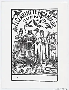 A sorceress pointing her wand at a crocodile while royal figures watch, illustration for 'El Clarinete Encantado' by José Guadalupe Posada|José Sanchez
