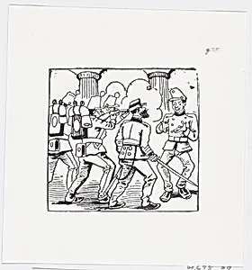 A standoff between an unarmed soldier and a group of armed soldiers by José Sanchez|José Guadalupe Posada