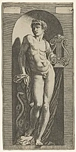 A statue of Apollo, naked standing in a niche, holding a lyre in his left hand and leaning on a tree trunk by Marcantonio Raimondi|Raphael (Raffaello Sanzio or Santi)