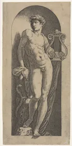 A statue of Apollo, naked standing in a niche, holding a lyre in his left hand and leaning on a tree trunk
