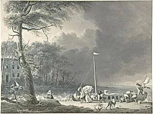 A Stormy Scene with Figures Unloading Boats Near a House on the Water's Edge by Jacob Cats|Ludolf Backhuysen