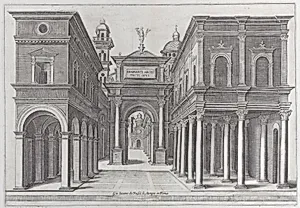A street with buildings, colonnades and an arch