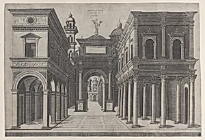 A street with various buildings, colonnades and an arch by Donato d'Agnolo Bramante