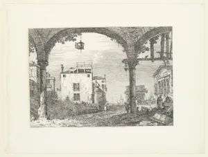 A three-arched portico with an open lantern hanging at center, a triumphal arch and ruins of a classical temple in the background, from 'Views' (Vedute altre prese da i luoghi altre ideate da Antonio Canal)
