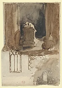 A Tomb and Studies of Windows in the Church of Valmont Abbey (recto); Four Studies of Horses (verso) by Eugène Delacroix