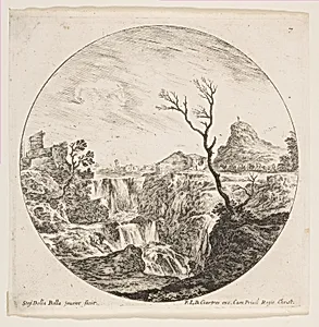 A triple waterfall, a dead tree at right, a mountain and a herd of cows in the background at right, plate 7 from "Roman landscapes and ruins" (Paysages et ruines de Rome) by Stefano della Bella|François Langlois