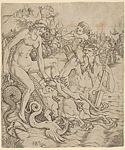 A triton family in the sea, with a mother and child seated on the back of a half-man, half-sea monster with a child blowing on a conch shell on his shoulders by Giovanni Battista Palumba
