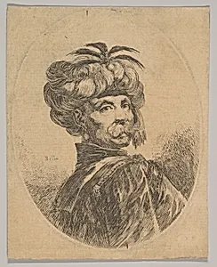 A Turkish man with a moustache, wearing a turban decorated with five egret feathers, turned three-quarters to the right, an oval composition, from 'Several heads in the Persian style' (Plusieurs têtes coiffées à la persienne) by Stefano della Bella|Israël Henriet