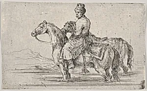 A valet taking two horses to bathe, sitting atop one horse in a river, the other beside him to right by Stefano della Bella