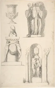 A Vase and Classical Monuments Carved with Hooded Women Carrying Urns, Two Females Embracing Beneath a Vase and Two Nude Female Figures Supporting a Vase