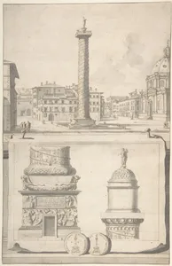 A View of the Column of Trajan (above) with Details (below)