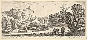 A waterfall descending from the mountains in the center background, various animals and a woman and child beneath a tree in the foreground, from 'Various landscapes' (Divers paysages) by Stefano della Bella|Israël Henriet