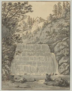 A Waterfall in Switzerland (near Lausanne?) with a Resting Wayfarer