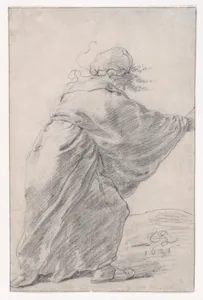 A wild-haired, robed woman rushing to the right, seen from behind