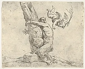 A winged putto flogging a satyr tied to a tree