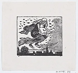 A witch carrying a child on her broom