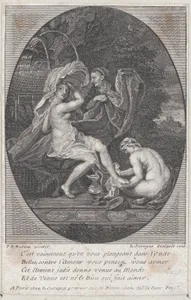 A woman at the bath, another woman washing her right foot and an old woman behind her holding her clothes