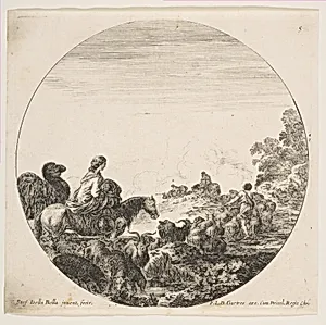 A woman carrying a child on a horse at left, a camel following her, a herd of goats, sheep, and a shepherd in front of her at right, plate 5 from "Roman landscapes and ruins" (Paysages et ruines de Rome) by Stefano della Bella|François Langlois