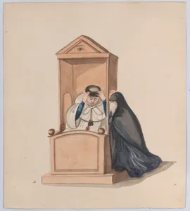 A woman confessing to a priest, from a group of drawings depicting Peruvian dress