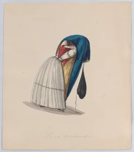 A woman getting into her saya viewed from behind, from a group of drawings depicting Peruvian dress