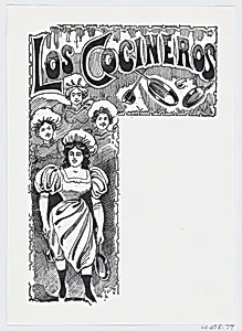 A woman holding a pan and ladle with other women and cooking supplies in the background by José Guadalupe Posada|José Sanchez