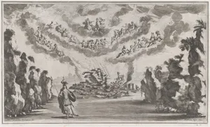 A woman in a chariot arrives at the ruins of a building as the Olympian gods look down from above, in the foreground stands an armed female figure; set design from 'Il Pomo D'Oro'