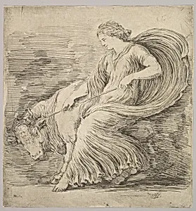A woman in profile pulling back on a rope tied around the horns of a young bull by Stefano della Bella