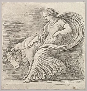 A woman in profile pulling back on a rope tied around the horns of a young bull by Stefano della Bella