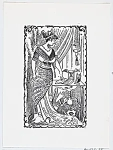A woman pointing to a book on a desk with a skeleton underneath by José Guadalupe Posada|José Sanchez