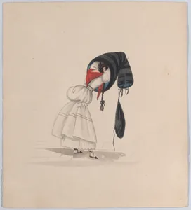 A woman putting on her saya, viewed from behind, from a group of drawings depicting Peruvian dress