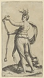 A woman representing Temperance holding a bit facing left by Marcantonio Raimondi